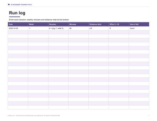 Preview of Printable 5K Training Run Log